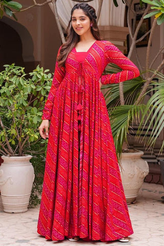 Rani Color Georgette Fabric Fancy Printed 3 Piece Koti Style Readymade Indo Western Suit.