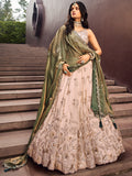 Beige Color Golden Sequined Using Thread,Coding & Zarkans Embroidered Viscos Semi-Stitched Lehenga choli with Contrast Dupatta  women's fashion mart