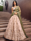 Beige Color Golden Sequined Using Thread,Coding & Zarkans Embroidered Viscos Semi-Stitched Lehenga choli with Contrast Dupatta  women's fashion mart