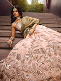 Beige Color Golden Sequined Using Thread,Coding & Zarkans Embroidered Viscos Semi-Stitched Lehenga choli with Contrast Dupatta  women's fashion mart