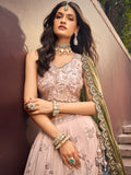 Beige Color Golden Sequined Using Thread,Coding & Zarkans Embroidered Viscos Semi-Stitched Lehenga choli with Contrast Dupatta  women's fashion mart