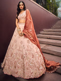 Beige Color Golden Sequined Using Thread,Coding & Zarkans Embroidered Viscos Semi-Stitched Lehenga choli with Contrast Dupatta  women's fashion mart