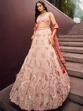Beige Color Golden Sequined Using Thread,Coding & Zarkans Embroidered Viscos Semi-Stitched Lehenga choli with Contrast Dupatta  women's fashion mart