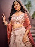 Beige Color Golden Sequined Using Thread,Coding & Zarkans Embroidered Viscos Semi-Stitched Lehenga choli with Contrast Dupatta  women's fashion mart