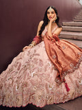Beige Color Golden Sequined Using Thread,Coding & Zarkans Embroidered Viscos Semi-Stitched Lehenga choli with Contrast Dupatta  women's fashion mart
