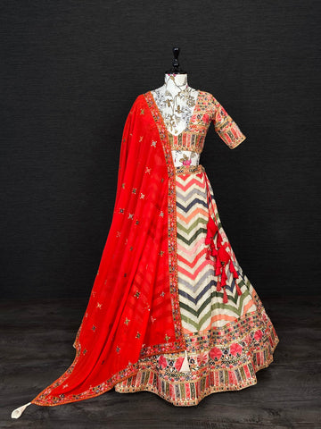 Multi Color Thread & Sequins Embroidery Work Georgette Heavy Lehenga Choli Set With Dupatta