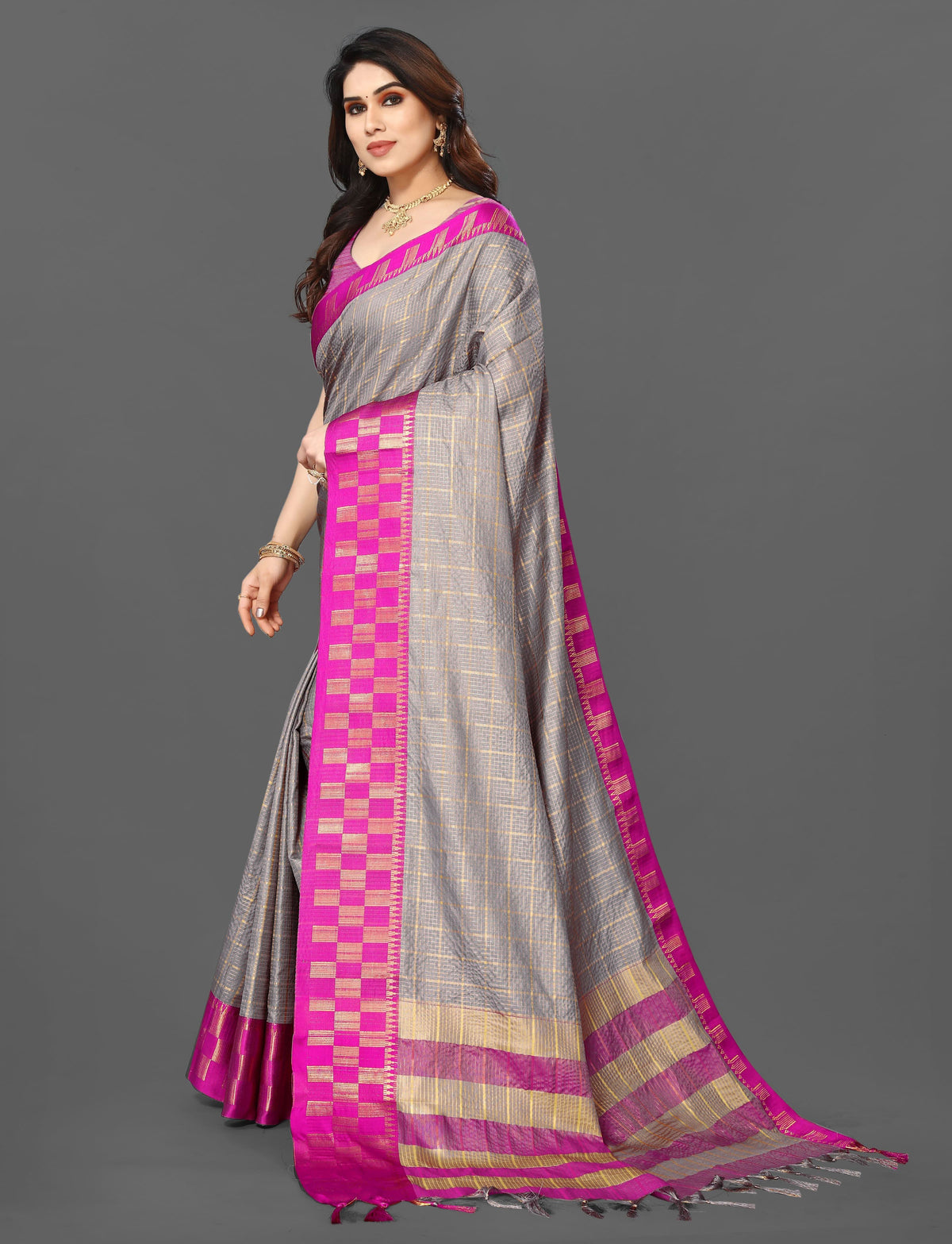Launching Cotton Silk Chex Pattern Saree With Gold Zari Weaving -Party Wear Default Title women's fashion mart