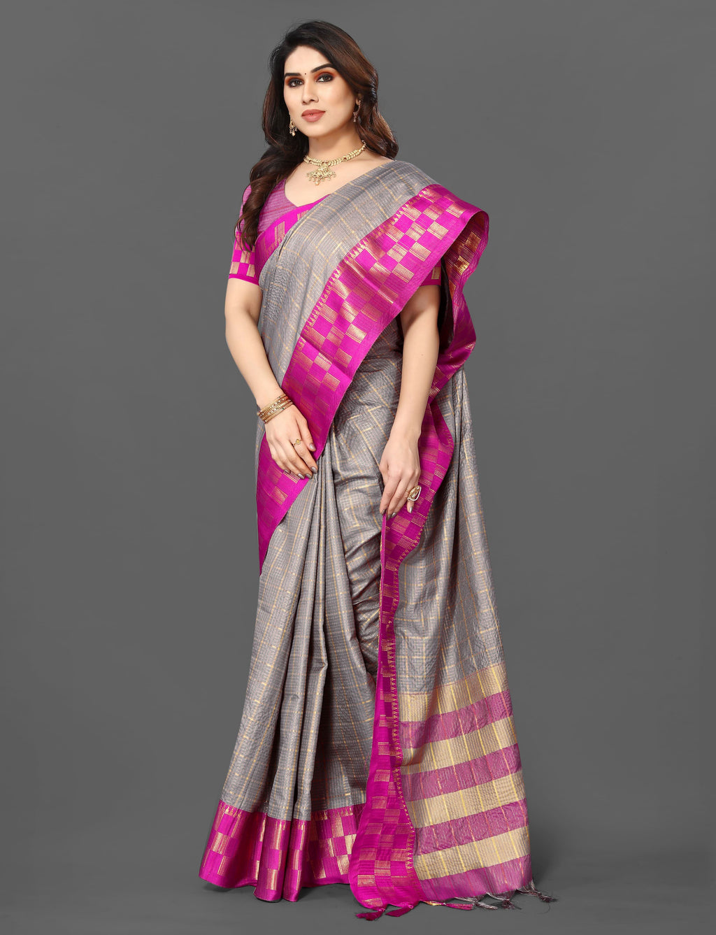 Launching Cotton Silk Chex Pattern Saree With Gold Zari Weaving -Party Wear Default Title women's fashion mart