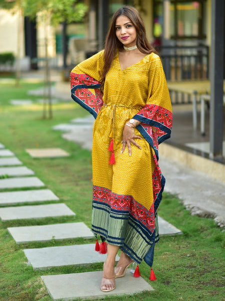 Mustard Color Digital Bandhej Print Pure Gaji Silk Kaftan -kaftan free size up to 44 women's fashion mart