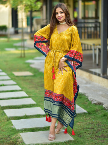 Mustard Color Digital Bandhej Print Pure Gaji Silk Kaftan -kaftan free size up to 44 women's fashion mart