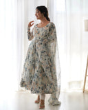 Off White Organza Silk Floral Digital Printed Anarkali Pant Suit - women's fashion mart