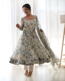 Off White Organza Silk Floral Digital Printed Anarkali Pant Suit - women's fashion mart