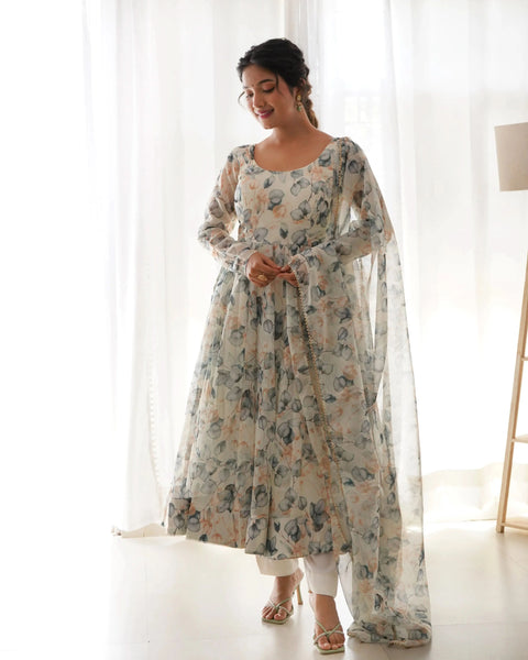 Off White Organza Silk Floral Digital Printed Anarkali Pant Suit - women's fashion mart