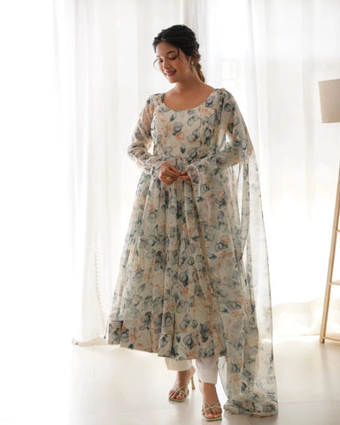 Off White Organza Silk Floral Digital Printed Anarkali Pant Suit - women's fashion mart