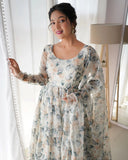 Off White Organza Silk Floral Digital Printed Anarkali Pant Suit - women's fashion mart