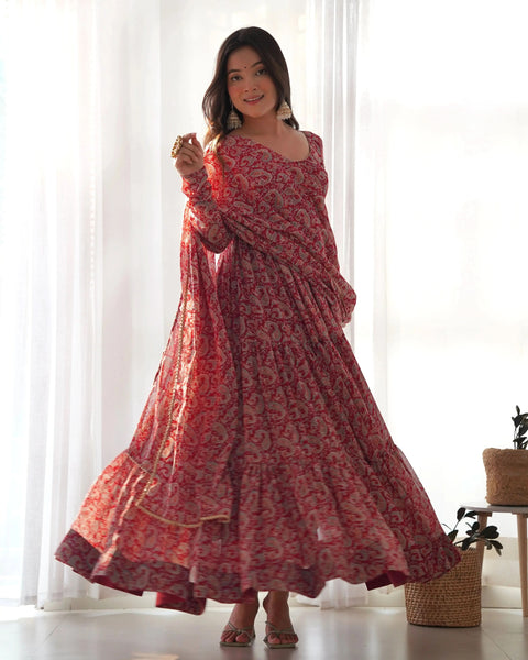 Maroon Faux Georgette Digital Printed Ruffle Anarkali Pant Suit - women's fashion mart
