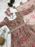 Dusty Brown Pure Organza Silk Anarkali Pant Suit With Belt - women's fashion mart