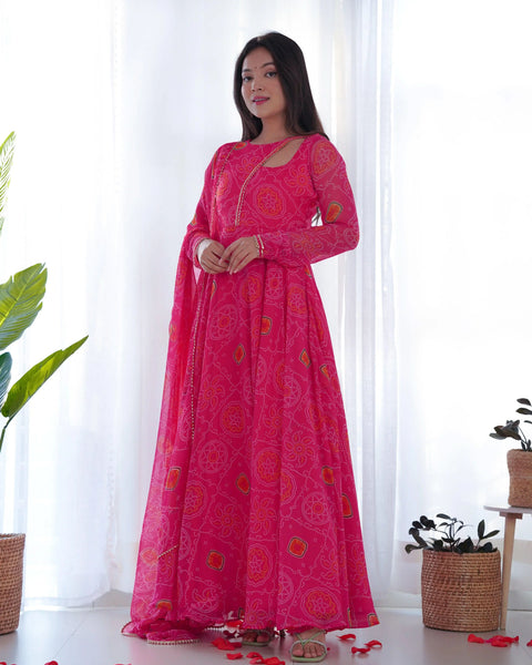 Pink Pure Chiffon Bandhej Printed Gown With Dupatta - women's fashion mart