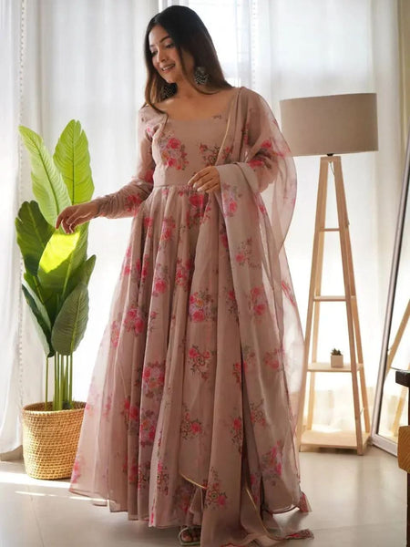 Dusty Brown Pure Organza Silk Anarkali Pant Suit With Belt - women's fashion mart