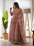 Dusty Brown Pure Organza Silk Anarkali Pant Suit With Belt - women's fashion mart