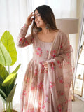 Dusty Brown Pure Organza Silk Anarkali Pant Suit With Belt - women's fashion mart