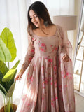 Dusty Brown Pure Organza Silk Anarkali Pant Suit With Belt - women's fashion mart