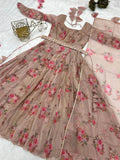 Dusty Brown Pure Organza Silk Anarkali Pant Suit With Belt - women's fashion mart