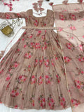 Dusty Brown Pure Organza Silk Anarkali Pant Suit With Belt - women's fashion mart