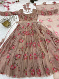 Dusty Brown Pure Organza Silk Anarkali Pant Suit With Belt - women's fashion mart