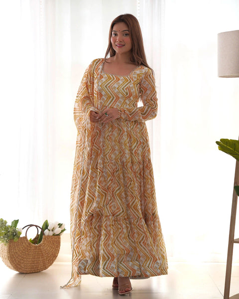 Amazing Pure Faux Georgette Zigzag printed Anarkali Pant Suit -Salwar Kameez Light Yellow / XS women's fashion mart