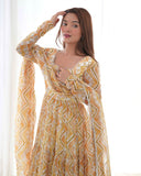 Amazing Pure Faux Georgette Zigzag printed Anarkali Pant Suit -Salwar Kameez Light Yellow / XS women's fashion mart