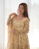 Amazing Pure Faux Georgette Zigzag printed Anarkali Pant Suit -Salwar Kameez Light Yellow / XS women's fashion mart