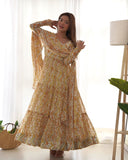 Amazing Pure Faux Georgette Zigzag printed Anarkali Pant Suit -Salwar Kameez Light Yellow / XS women's fashion mart