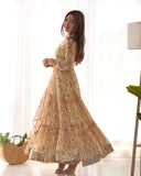 Amazing Pure Faux Georgette Zigzag printed Anarkali Pant Suit -Salwar Kameez Light Yellow / XS women's fashion mart