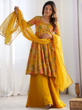 Adorable Yellow Floral Printed Silk Haldi Wear Palazzo Suit  women's fashion mart