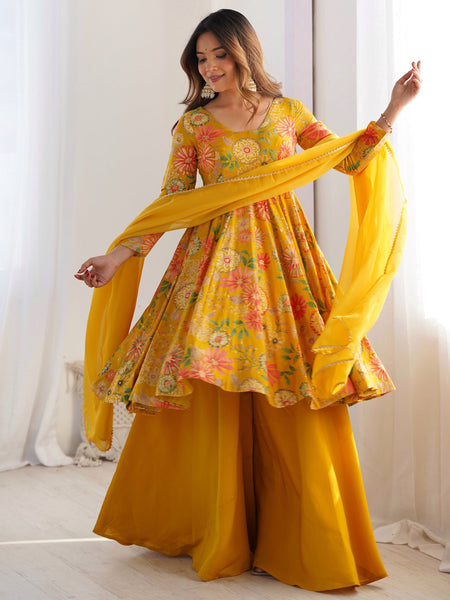 Adorable Yellow Floral Printed Silk Haldi Wear Palazzo Suit  women's fashion mart
