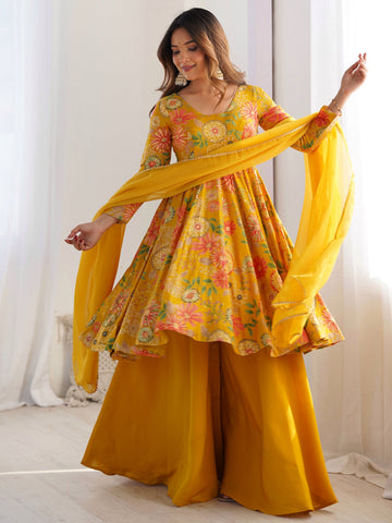 Adorable Yellow Floral Printed Silk Haldi Wear Palazzo Suit  women's fashion mart