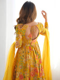 Adorable Yellow Floral Printed Silk Haldi Wear Palazzo Suit  women's fashion mart