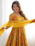 Adorable Yellow Floral Printed Silk Haldi Wear Palazzo Suit  women's fashion mart