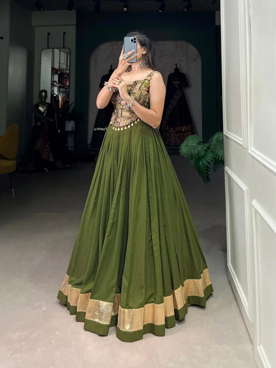 Navratri Vibe With this Mehndi Rayon Silk Lehenga Choli - women's fashion mart
