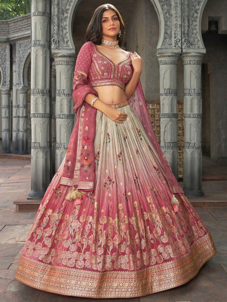 Dazzling Dusty Pink Zari Weaving Silk Wedding Wear Lehenga Choli - women's fashion mart