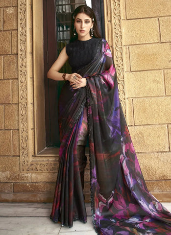 Black Shaded Printed Handworked Partywear Designer Saree - women's fashion mart