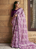 Grape Purple Shaded Satin Silk Printed Bead Worked Saree - women's fashion mart