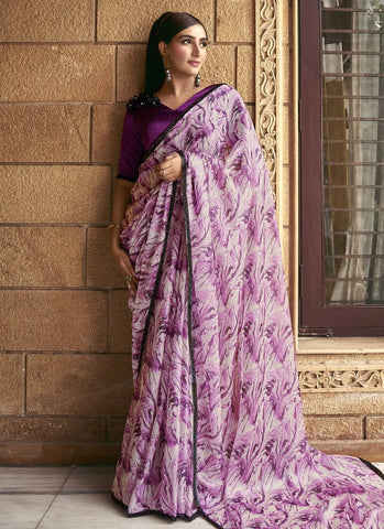 Grape Purple Shaded Satin Silk Printed Bead Worked Saree - women's fashion mart