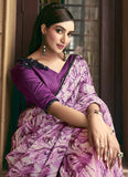 Grape Purple Shaded Satin Silk Printed Bead Worked Saree - women's fashion mart
