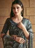 Army Green Shaded Satin Silk Printed Hand Worked Designer Saree - women's fashion mart