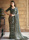 Army Green Shaded Satin Silk Printed Hand Worked Designer Saree - women's fashion mart
