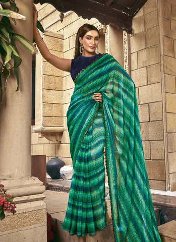 Green Colored Satin Silk Handwork Stone Printed Saree - women's fashion mart