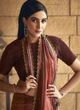 Dark Brown Satin Silk Handworked Printed Designer Saree - women's fashion mart