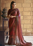 Dark Brown Satin Silk Handworked Printed Designer Saree - women's fashion mart